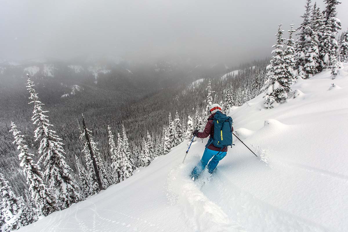 Backcountry skiing while wearing the Patagonia Descensionist 40L ski pack